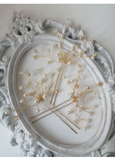 Украса за сватбена прическа с фуркети с перли и кристали Сваровски модел Pearls and Gold by Rosie